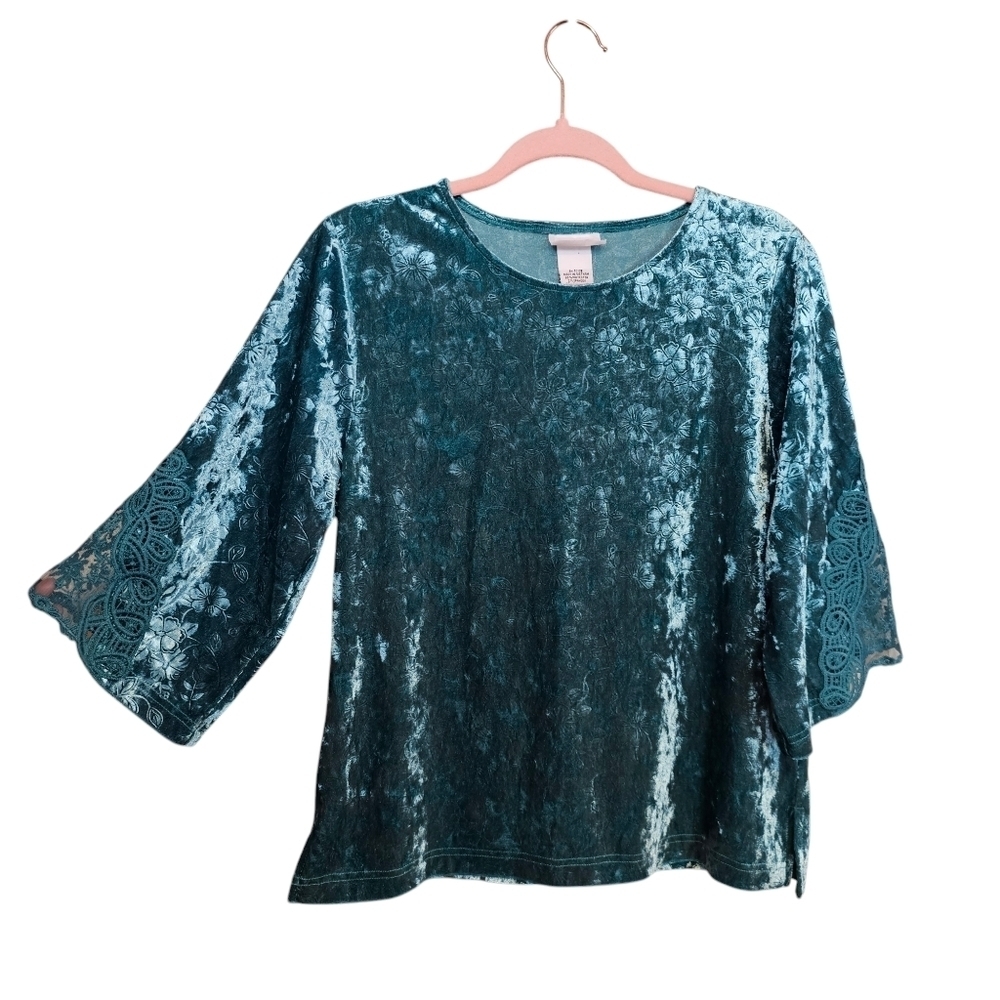 Vintage Cushed Velvet Turquoise Blue Floral Lace Bohemian Cottagecore Top